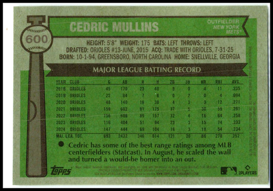 2025 Topps Heritage Chrome #600 Cedric Mullins New York Mets