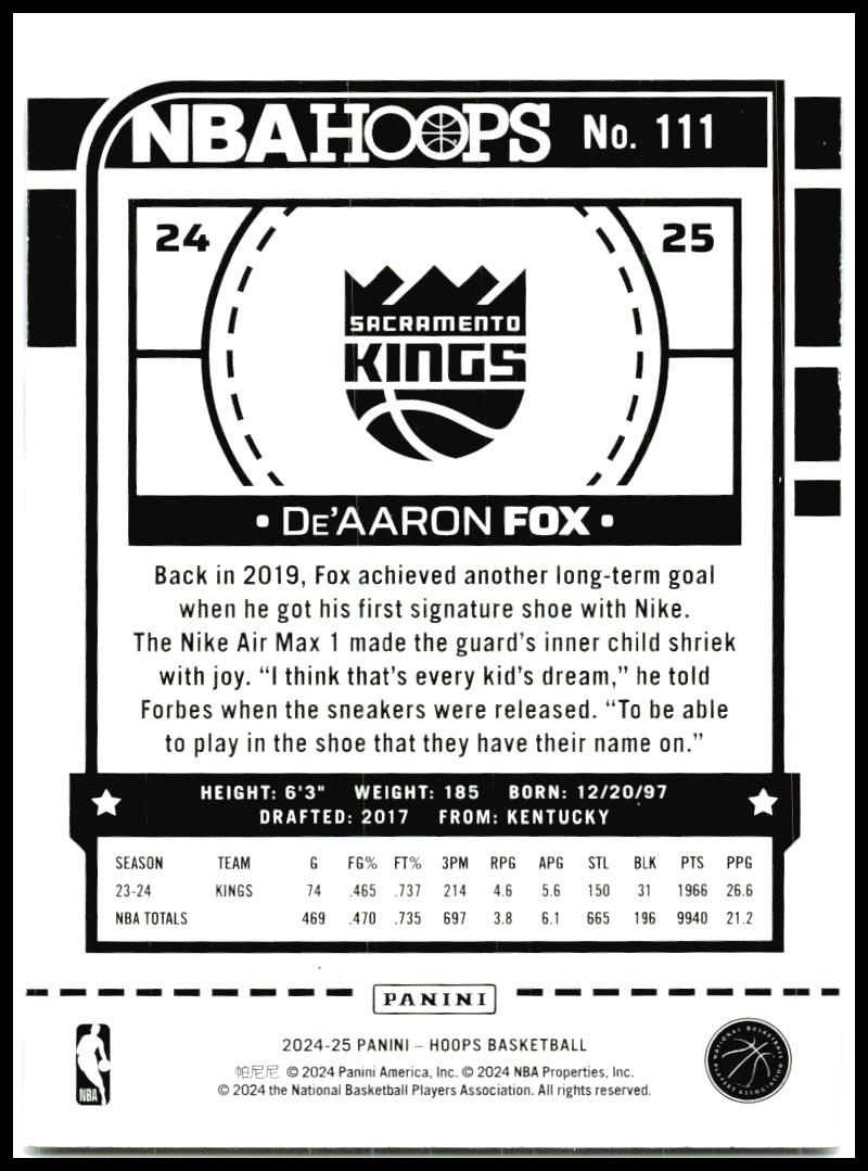 2024-25 Hoops #111 De'Aaron Fox Sacramento Kings