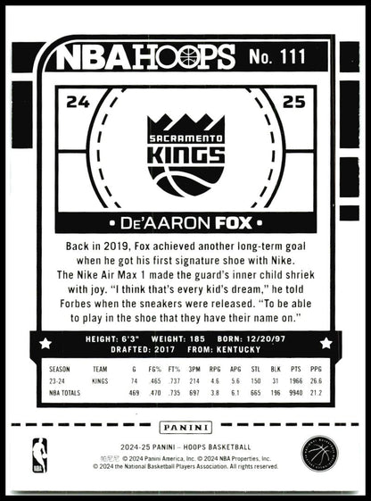 2024-25 Hoops #111 De'Aaron Fox Sacramento Kings