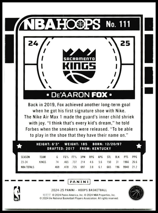 2024-25 Hoops #111 De'Aaron Fox Sacramento Kings