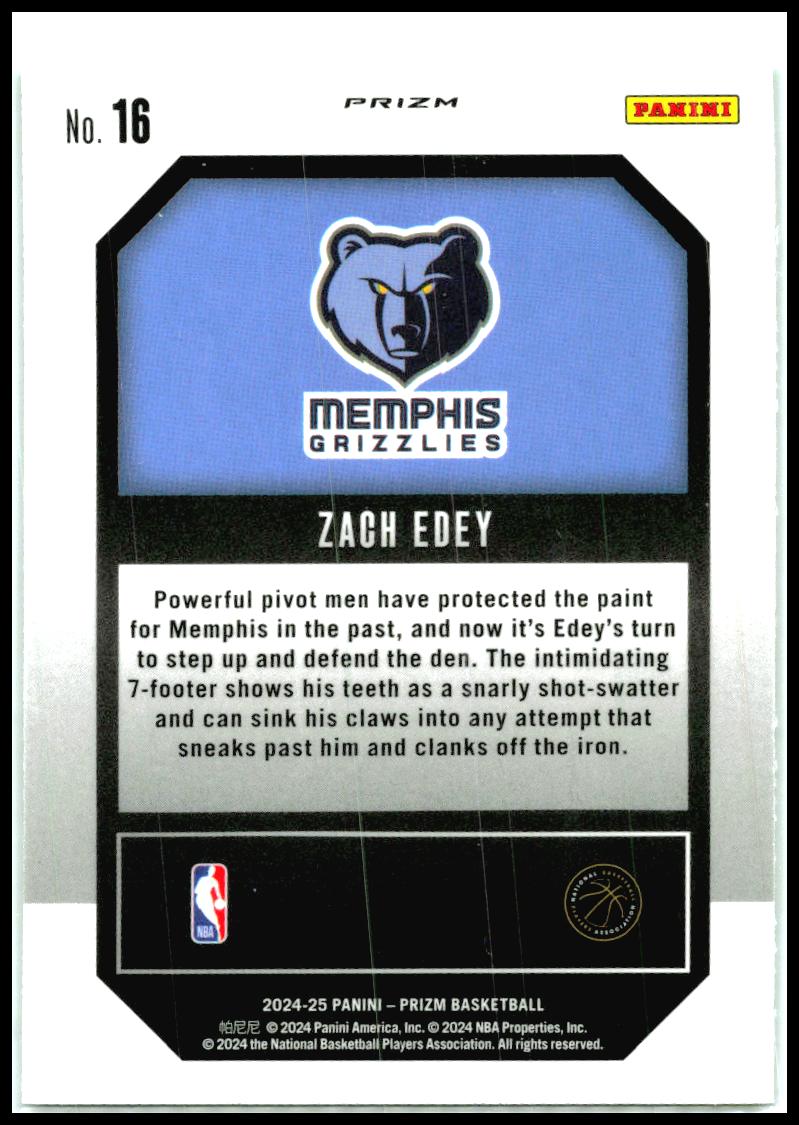2024-25 Panini Prizm Emergent Prizms Green #16 Zach Edey Memphis Grizzlies