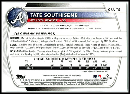 2025 Bowman Draft Chrome Prospect Autographs #CPA-TS Tate Southisene Auto Braves