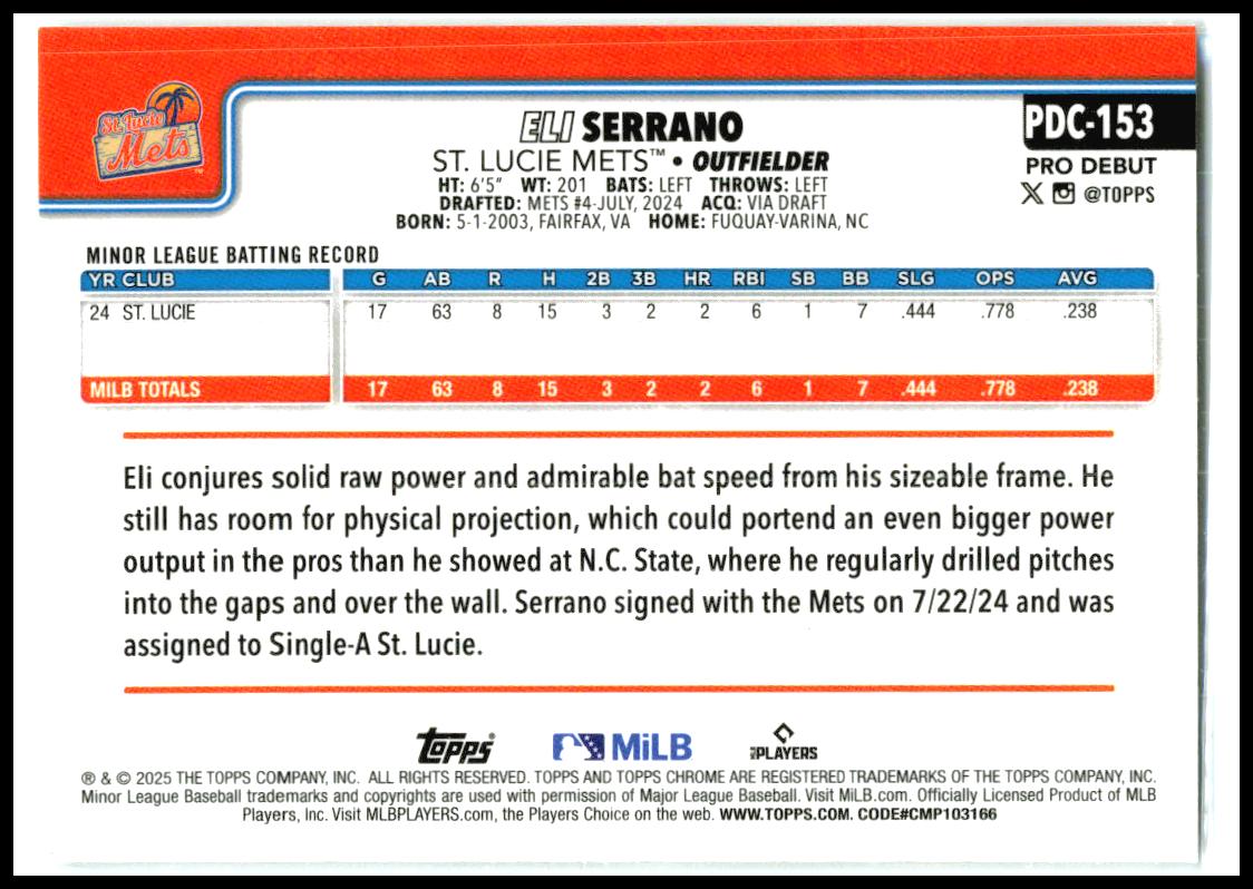 2025 Topps Pro Debut Chrome #PDC-153 Eli Serrano St. Lucie Mets