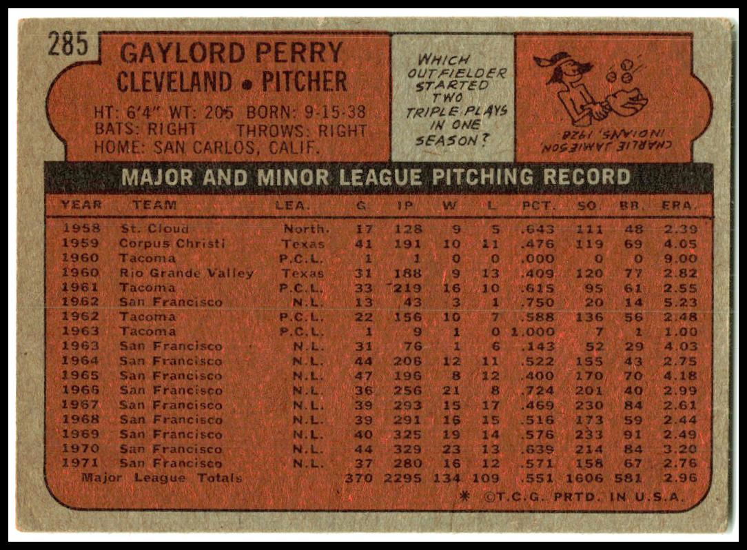 1972 Topps #285 Gaylord Perry Cleveland Indians