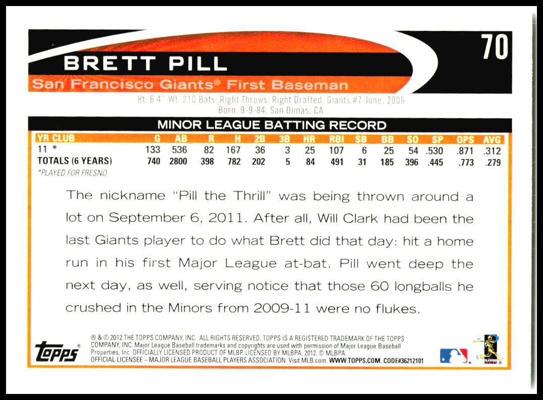2012 Topps #70 Brett Pill San Francisco Giants