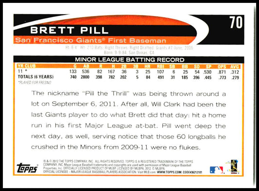 2012 Topps #70 Brett Pill San Francisco Giants