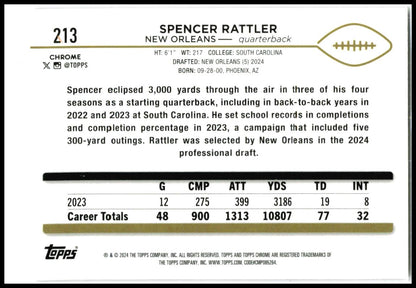 2024 Topps Chrome Pink Refractor #213 Spencer Rattler Rookie New Orleans Saints