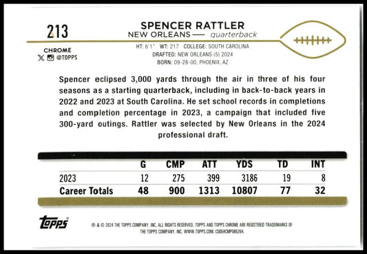 2024 Topps Chrome Pink Refractor #213 Spencer Rattler Rookie New Orleans Saints