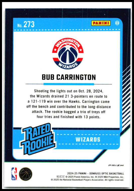 2024-25 Donruss Optic Hyper Pink #273 Bub Carrington Rookie Washington Wizards