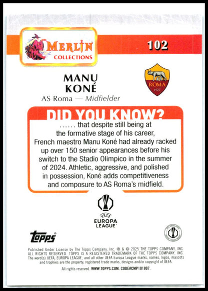 2024-25 Merlin UEFA Club Competitions Blue Speckle #102 Manu Koné #/150 Roma