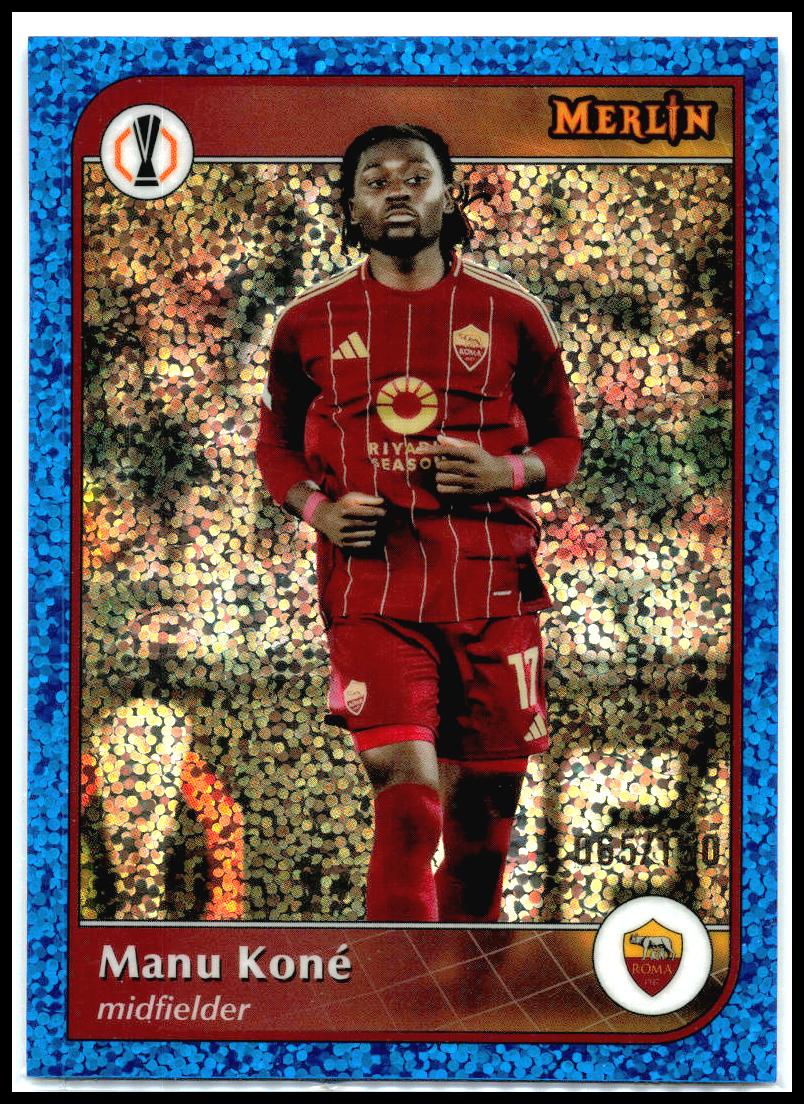 2024-25 Merlin UEFA Club Competitions Blue Speckle #102 Manu Koné #/150 Roma