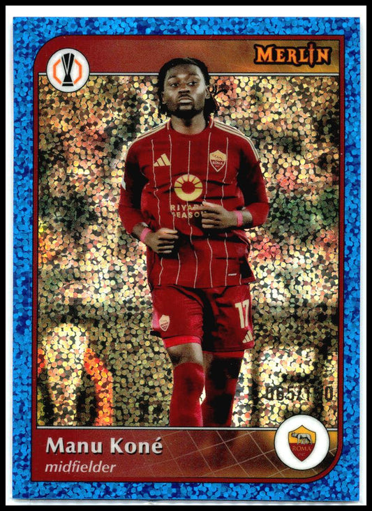 2024-25 Merlin UEFA Club Competitions Blue Speckle #102 Manu Koné #/150 Roma