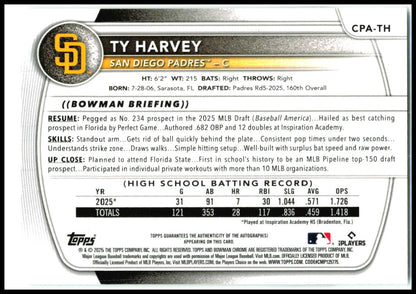 2025 Bowman Draft Chrome Prospect Autographs #CPA-TH Ty Harvey Auto Padres