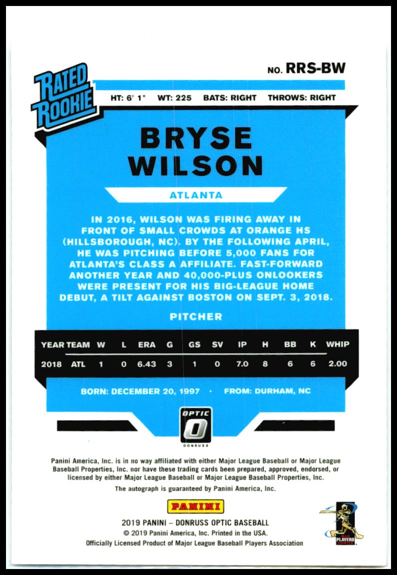 2019 Donruss Optic Rated Rookie Signatures #RRS-BW Bryse Wilson Auto Braves