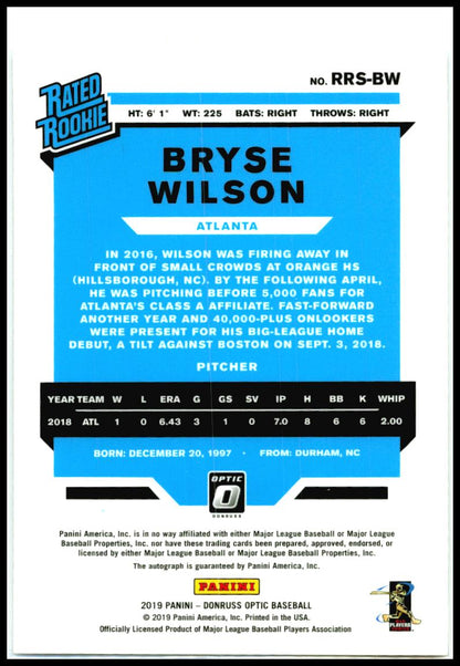 2019 Donruss Optic Rated Rookie Signatures #RRS-BW Bryse Wilson Auto Braves