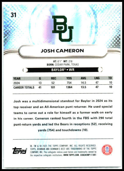2025 Bowman University Best #31 Josh Cameron Baylor Bears
