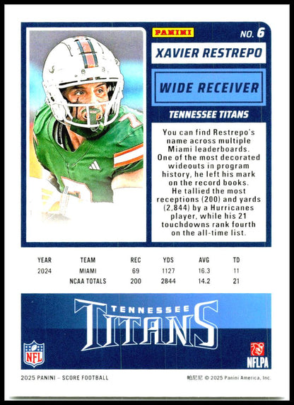 2025 Score #6 Xavier Restrepo Rookie Tennessee Titans