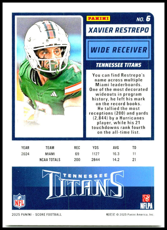 2025 Score #6 Xavier Restrepo Rookie Tennessee Titans