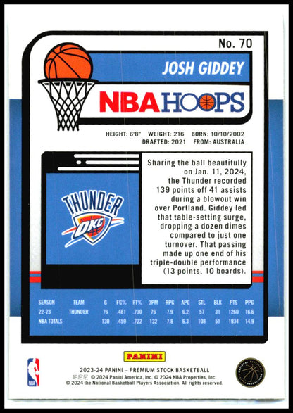 2023-24 Hoops Premium Stock #70 Josh Giddey Oklahoma City Thunder