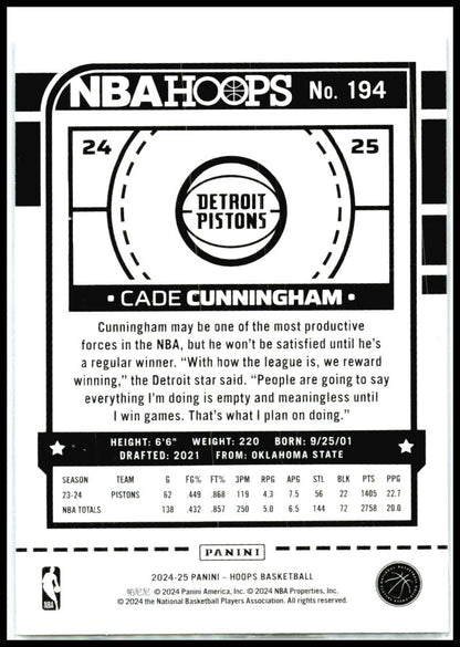 2024-25 NBA Hoops Purple #194 Cade Cunningham Pistons