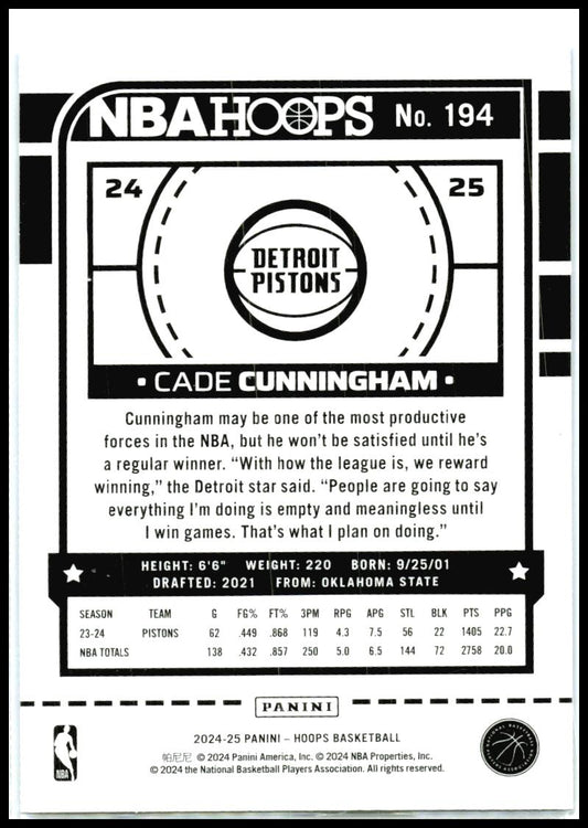 2024-25 NBA Hoops Purple #194 Cade Cunningham Pistons