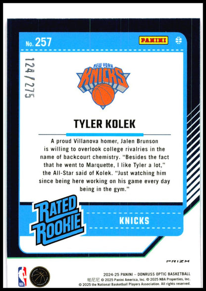 2024-25 Donruss Optic Pink Glitter #257 Tyler Kolek Rookie #/275 New York Knicks