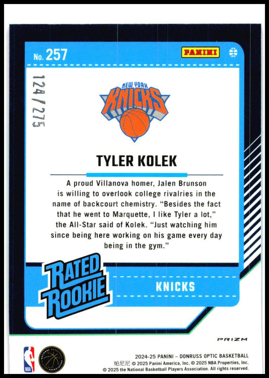 2024-25 Donruss Optic Pink Glitter #257 Tyler Kolek Rookie #/275 New York Knicks