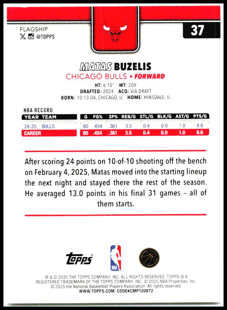 2025-26 Topps #37 Matas Buzelis Chicago Bulls