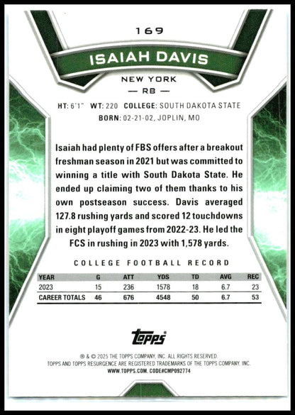 2024 Resurgence Blue & Orange Spark Refractor #169 Isaiah Davis Rookie Jets