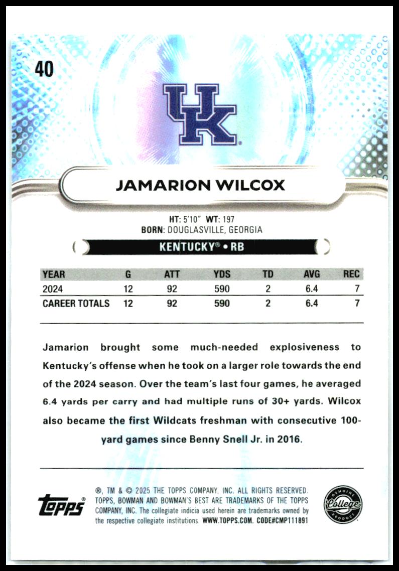 2025 Bowman University Best #40 Jamarion Wilcox Kentucky Wildcats