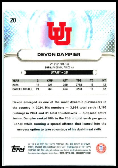 2025 Bowman University Best Aqua Lava #20 Devon Dampier #/199 Utah Utes