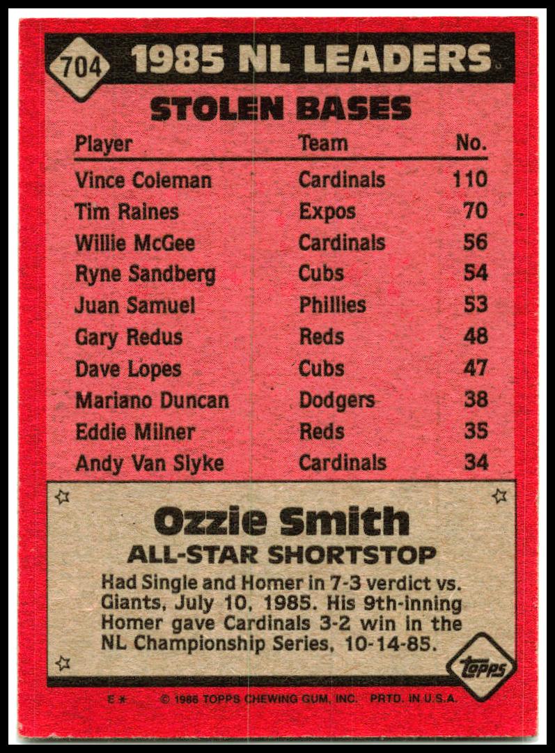 1986 Topps #704 Ozzie Smith St. Louis Cardinals