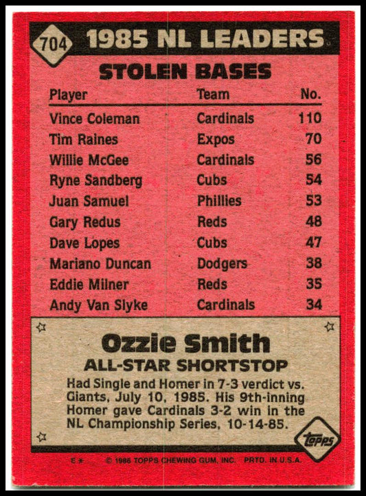 1986 Topps #704 Ozzie Smith St. Louis Cardinals
