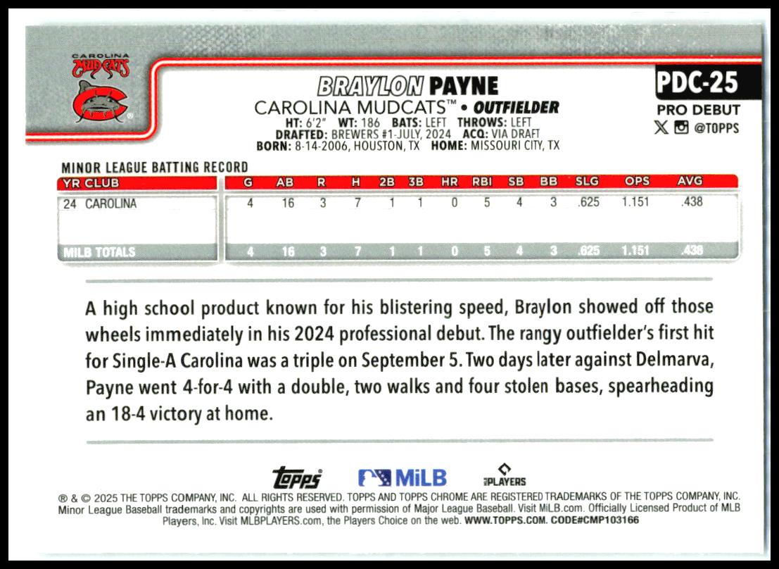 2025 Topps Pro Debut Chrome #PDC-25 Braylon Payne Carolina Mudcats