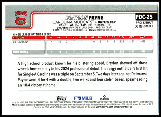 2025 Topps Pro Debut Chrome #PDC-25 Braylon Payne Carolina Mudcats
