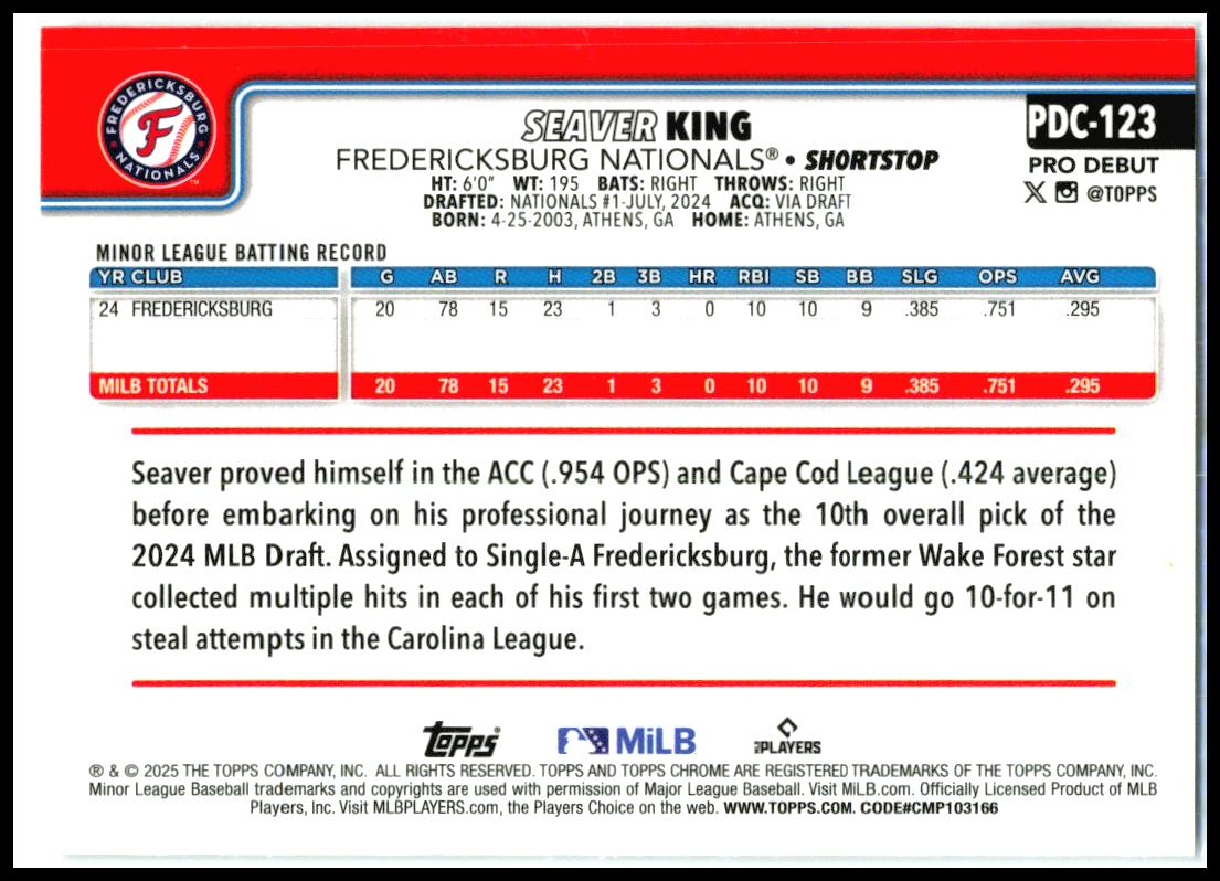 2025 Topps Pro Debut Chrome #PDC-123 Seaver King Fredericksburg Nationals