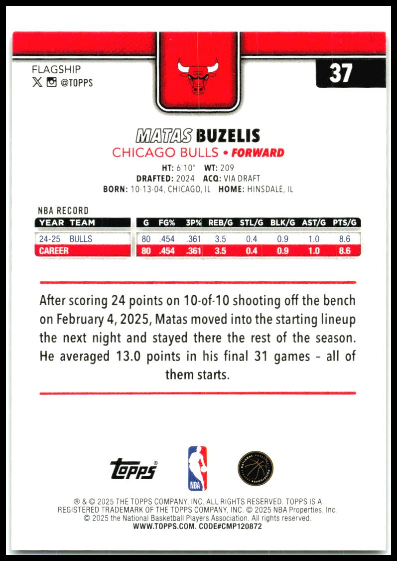 2025-26 Topps Gold Holo Foil #37 Matas Buzelis #/50 Chicago Bulls