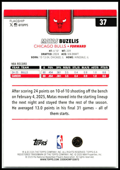 2025-26 Topps Gold Holo Foil #37 Matas Buzelis #/50 Chicago Bulls