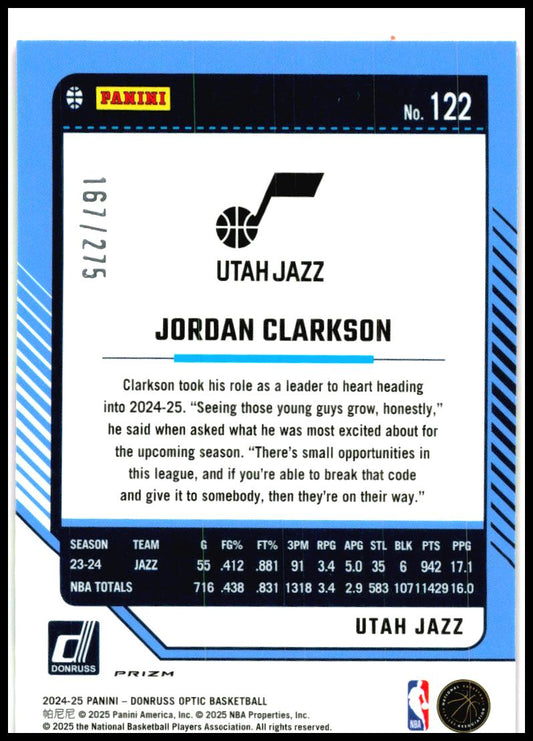 2024-25 Donruss Optic Pink Glitter #122 Jordan Clarkson #/275 Utah Jazz