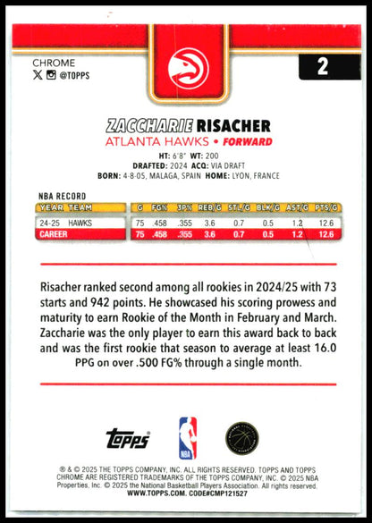 2025-26 Topps Chrome X-Fractor #2 Zaccharie Risacher Atlanta Hawks