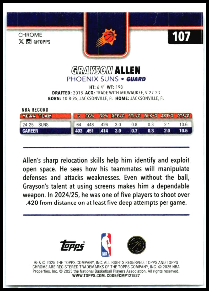 2025-26 Topps Chrome X-Fractor #107 Grayson Allen Phoenix Suns