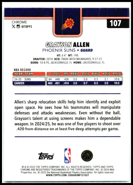 2025-26 Topps Chrome X-Fractor #107 Grayson Allen Phoenix Suns