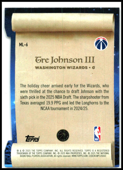 2025-26 Topps Holiday Making The Nice List #ML-6 Tre Johnson III Wizards