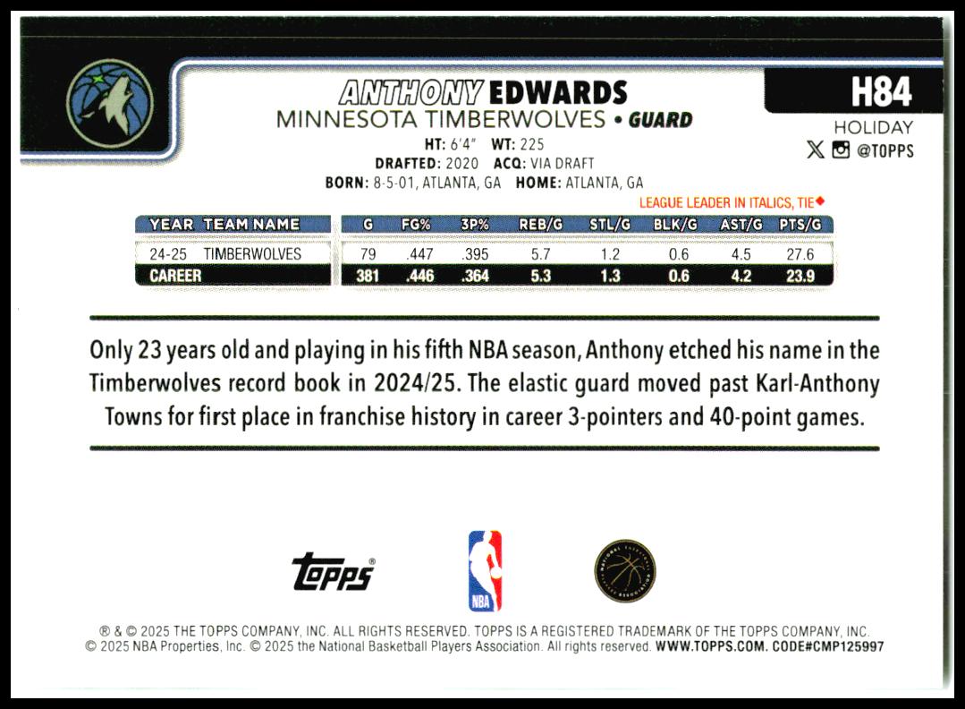 2025-26 Topps Holiday #H84 Anthony Edwards Minnesota Timberwolves