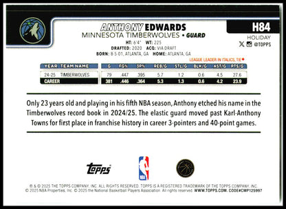 2025-26 Topps Holiday #H84 Anthony Edwards Minnesota Timberwolves