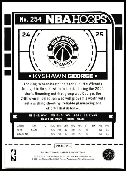 2024-25 Hoops #254 Kyshawn George Rookie Washington Wizards