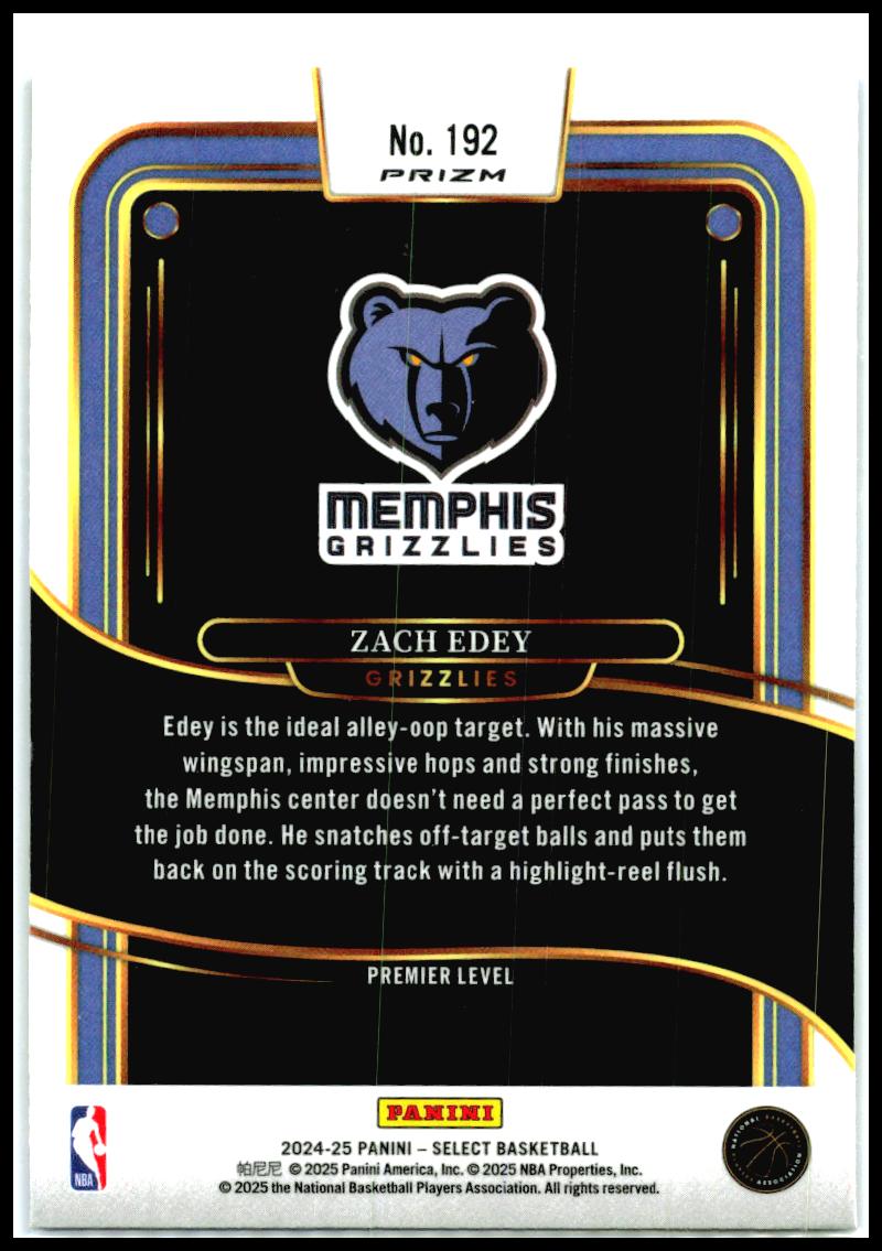 2024-25 Panini Select Blue Cracked Ice Prizm #192 Zach Edey Rookie Memphis