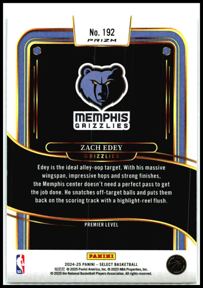 2024-25 Panini Select Blue Cracked Ice Prizm #192 Zach Edey Rookie Memphis