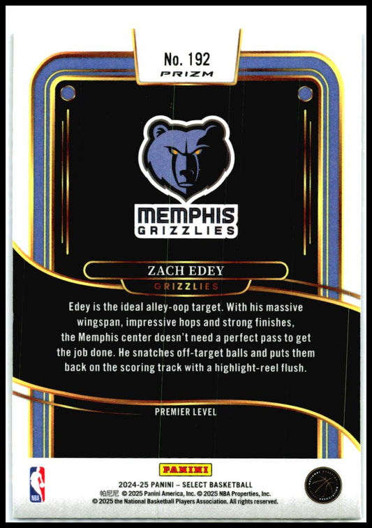 2024-25 Panini Select Blue Cracked Ice Prizm #192 Zach Edey Rookie Memphis