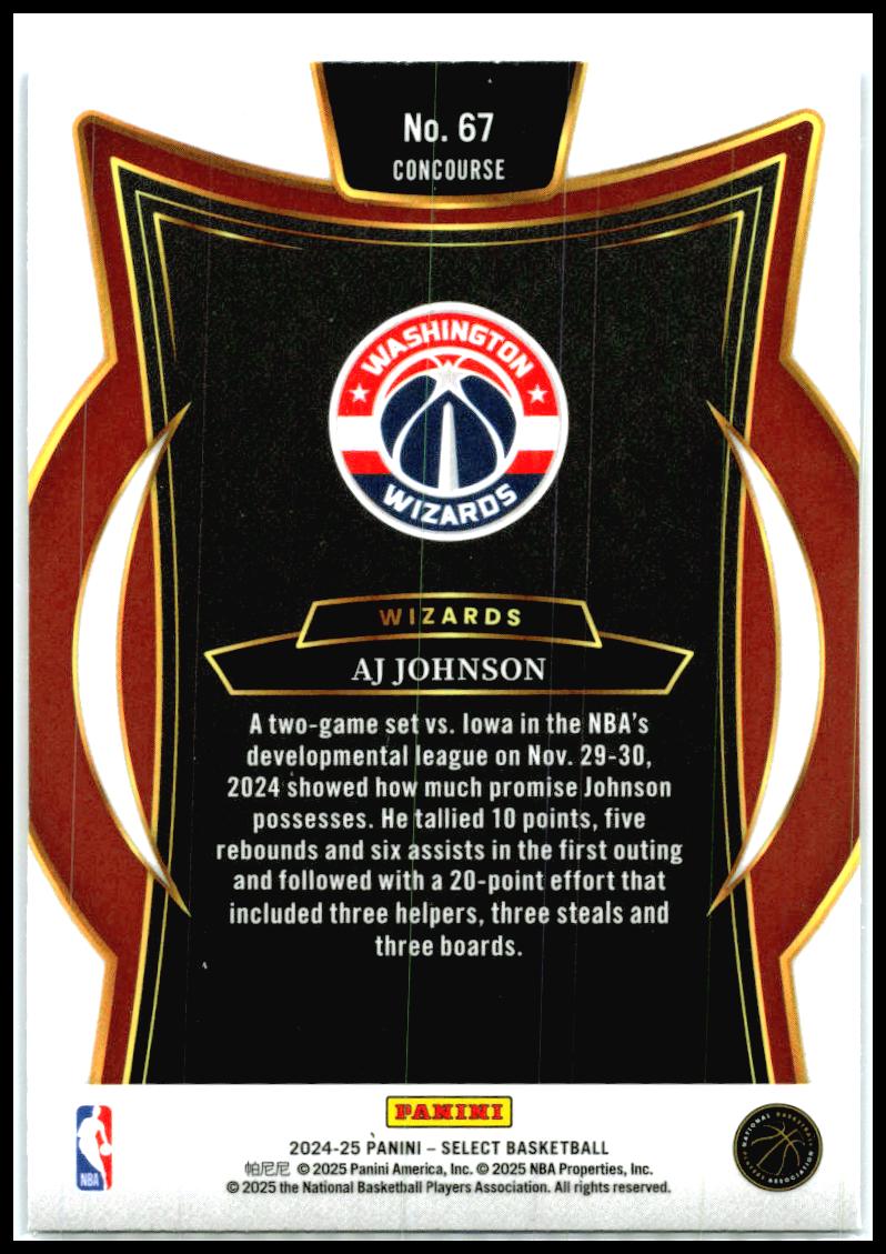 2024-25 Panini Select Blue #67 AJ Johnson Rookie Washington Wizards